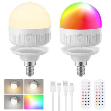 Imagem de LGMCF Lâmpada recarregável com controle remoto - E12 pacote com 2 lâmpadas de LED destacáveis de 6 W 450 lm, 15 cores selecionáveis e 3 temporizadores, lâmpadas magnéticas operadas por bateria de 2500