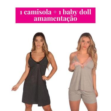 Imagem de Kit 1 Camisola +1 Baby Doll Pijama Amamentação Rendado Pós Parto para 