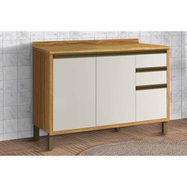 Imagem de Gabinete p/ Pia Cozinha Balcão c/ Tampo Tempranillo c/ 2 Portas e 3 Gavetas 120cm Amendoa/Off White - Ronipa