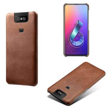 Imagem de Capa para Asus ZenFone 6 ZS630KL,Proteção contra quedas,Casca de volta de cor sólida simples,Design de couro de imitação de plástico-Brown