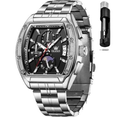 Imagem de OLEVS Relógio masculino analógico de quartzo cronógrafo quadrado relógio masculino de aço inoxidável ou pulseira de couro à prova d'água luminoso data relógio masculino, Prateado, preto, relógio