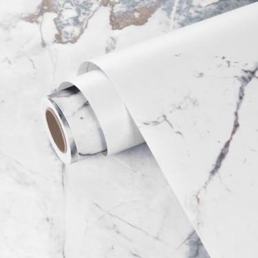 Imagem de Wallercity Papel de contato de mármore fosco branco/cinza para bancadas de cozinha, papel de parede de mármore à prova d'água, descasque e cole papel de contato de granito falso brilhante para mesa de