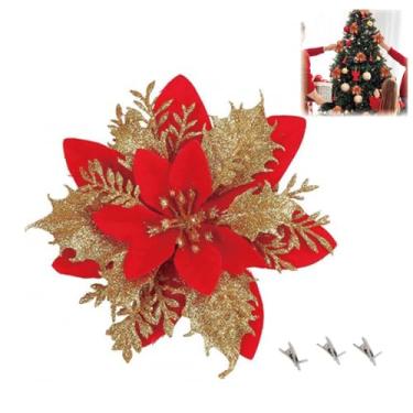 Imagem de Flores Natalinas Artificiais 24 Peças, Estampa de Flor com Glitter Dourado e Branco, para Árvore de Natal, Guirlanda e Decoração Festiva (Vermelho dourado)