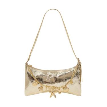 Imagem de OYOANGLE Bolsas femininas de couro metálico nas axilas Y2K Star Decor Bolsa quadrada média com zíper bolsas de ombro modernas, Dourado, one_size