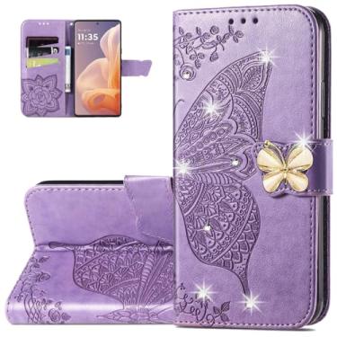 Imagem de Monwutong Capa carteira para Motorola G85, estampa de borboleta 3D, à prova de choque, capa flip de couro PU, fecho magnético e compartimentos para cartões de dinheiro para Moto G85, HZD roxo claro