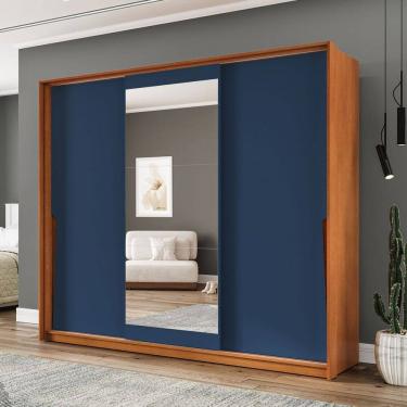 Imagem de Guarda-Roupa Casal Porto 3 Portas 4 Gavetas com Espelho Freijó/Azul - Politorno