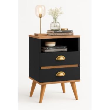 Imagem de Mesa de Cabeceira Genérico com 2 Gavetas, Puxador Decorativo, Móvel para Quarto Dubai - Cedro/Preto