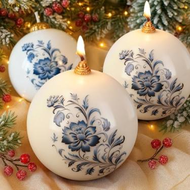 Imagem de Conelist 3 peças de velas de bola de Natal, velas de porcelana azul e branca chinoiserie de 7,6 cm, retrô, rústica, sem perfume, decorativa, Natal, Natal, redondo, brilhante, enfeite de bola para mesa