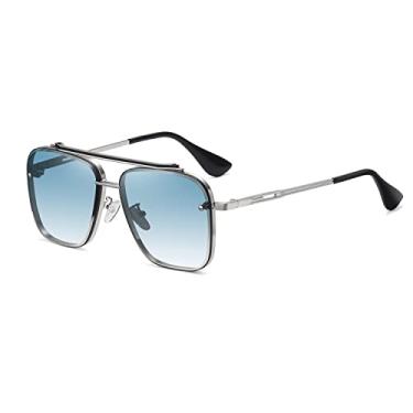 Imagem de Óculos de sol aviador quadrado para homens e mulheres moda metal vintage gradiente óculos de sol proteção UV400, A: armação prateada com lente azul gradiente, Large