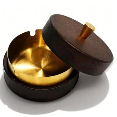 Imagem de Cinzeiro de madeira com tampa de aço inoxidável, design exclusivo à prova de vento para uso interno e externo, cinzeiro de aço inoxidável de fácil limpeza para casa, escritório, pátio, cinzeiros de