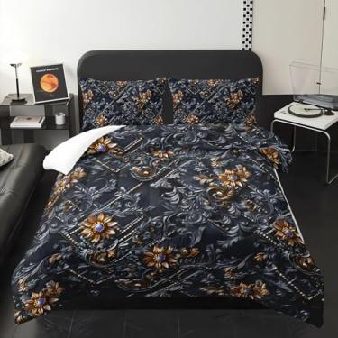 Imagem de lneffble Jogo de cama Queen floral preto e dourado, gótico vitoriano, com 1 edredom com 2 fronhas, decoração de quarto floral, preto