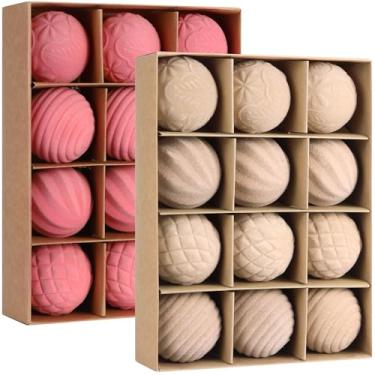 Imagem de Vinsot 24 bolas de enfeites de Natal de veludo, 6 cm, enfeites de árvore de Natal flocados para pendurar bolas de veludo para festa de Natal, casamento, decoração de casa (Caqui, rosa)