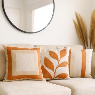 Imagem de 3 Capas de Almofadas Decorativas em Linho, Caramelo e cru, Estampas Geométricas e Folhagem, 45x45cm