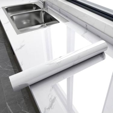 Imagem de Watthourhome Papel de contato de mármore brilhante para bancadas, papel de parede autoadesivo removível à prova d'água para armários de cozinha, móveis de fundo branco, 45 x 199 cm