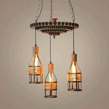 Imagem de YQSLQZZ Lustre Farmhouse Gear, luminária pendente de corda de cânhamo industrial vintage com 3 lustres de sala de jantar em gaiola, iluminação decorativa para pendurar no teto, luzes de teto