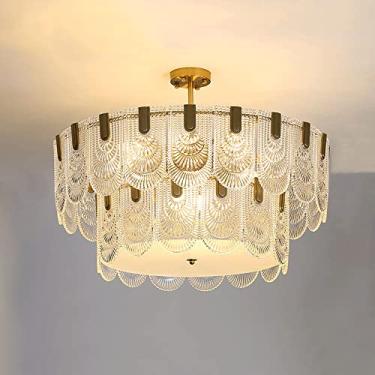 Imagem de YQSLQZZ Lustre de corte francês, luminária pendente de ouro de vidro moderno, luz de teto de luxo americana seminivelada, para sala de estar, quarto, sala de jantar, com extensão 2 postes longos