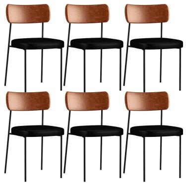 Imagem de Kit 06 Cadeiras Para Sala De Jantar Melina L02 Couríssimo Camel Couríssimo Preto - Lyam Decor