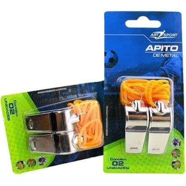 Imagem de KIt 2 Apitos De Metal Prateado com Cordão Amarelo – Esportes, Educação Física, Brincadeiras, Segurança do Trabalho, Eventos, Festas