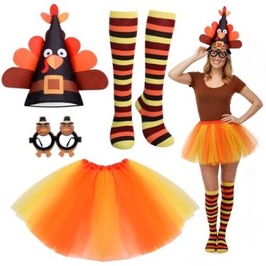 Imagem de Chicingyou Conjunto de 4 peças de fantasia de peru de Ação de Graças para mulheres, chapéu de feltro, tutus, meias até o joelho, óculos de sol para cosplay, Preto e laranja, One Size