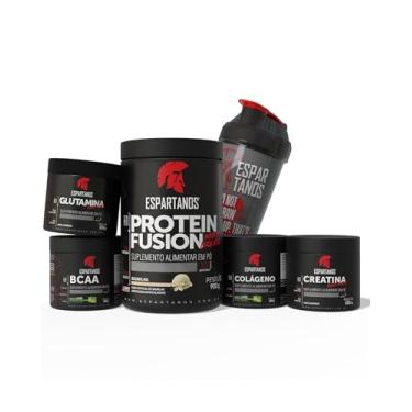 Imagem de Kit Whey Protein Fusion Baunilha 900g + BCAA em Pó Limão + Creatina + Glutamina + Colágeno em Pó Limão 100g + Coqueteleira - Espartanos