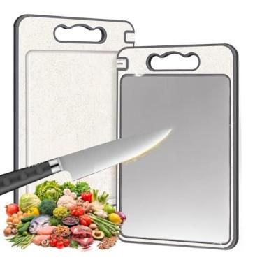 Imagem de Tábua de Corte Dupla Face Inox e PP - Antibacteriana, Antiderrapante com Afiador, Evita Contaminação Cruzada para Carnes e Vegetais