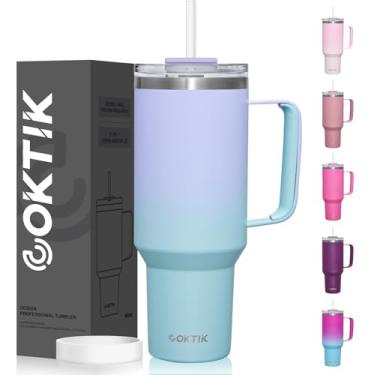 Imagem de COKTIK Copo de 1,134 g com alça e tampa de palha, caneca de café de viagem isolada a vácuo copo de aço inoxidável isolado para bebidas, à prova de vazamento, adequado para porta-copos (doces doces)