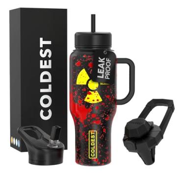 Imagem de Copo Coldest com alça e canudo, copo isolado 100% à prova de vazamento com tampa e canudo (3 tampas), copos de aço inoxidável para mulheres e homens, base compatível com porta-copos, 1,020 g