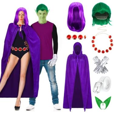 Imagem de Maiteenly Conjunto de 7 peças de fantasia de casal de Halloween inclui peruca, capa roxa com capuz, cinto, corrente de pedra, orelhas de elfo verde, luvas para adultos, Halloween, anime, cosplay