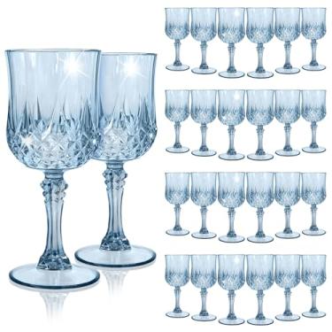 Imagem de EVSGSONL Pacote com 24 taças de vinho de plástico azul, taças de plástico vintage para festas, copos azuis empoeirados, taças de água de cristal, reutilizáveis para recepção de casamento, suprimentos