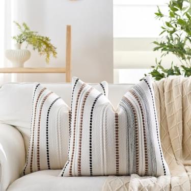 Imagem de yeshttdy Capas de almofada Boho 45,7 x 45,7 cm preto marrom branco listrado fazenda decorativa Accen capa de almofada boho para cama sofá sofá decoração de casa conjunto de 2