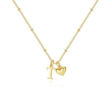 Imagem de M MOOHAM Colar com inicial de coração de ouro para mulheres - Colar com pingente de letra A-Z banhado a ouro 14K delicados colares de coração pequenos colares de inicial presentes de aniversário para