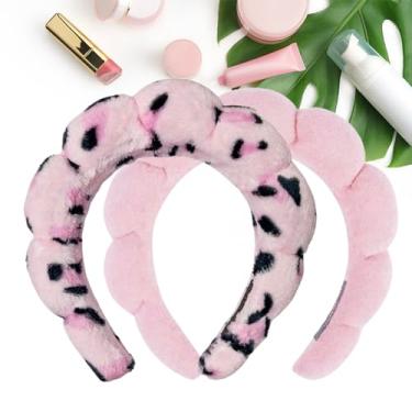 Imagem de 2 peças de faixa de cabeça de spa de leopardo rosa para lavar o rosto – faixa de cabeça de tecido de pano de toalha felpuda esponja para lavar o rosto, remover maquiagem, chuveiro, máscara facial
