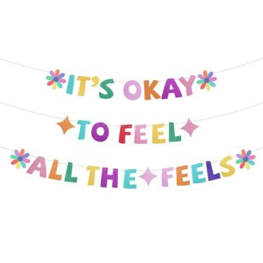 Imagem de Faixa It's Okay to Feel All the Feels, faixa com tema de sentimentos de cartolina com glitter, pré-cordão colorido, decorações de festa de aniversário para decoração de parede de lareira e cornija