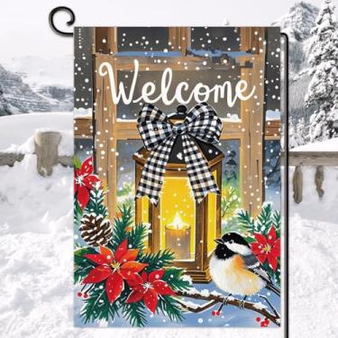 Imagem de Lanterna Welcome Bandeira de jardim de inverno dupla face floco de neve flor pássaro inverno férias casa bandeira sazonal Natal decoração externa para quintal gramado pátio 30,5 x 45,7 cm