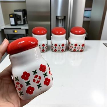 Imagem de Kit 4 Porta Temperos Decorados Vermelho Feito de Cerâmica