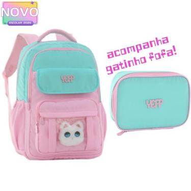 Imagem de Kit Mochila Feminina Juvenil Acompanha Gatinho Fofa Escolar Juvenil Co