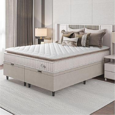 Imagem de Cama Box Colchão Baú Casal King Molas Ensacadas City Pillow Top 193x203x64cm Bege Branco