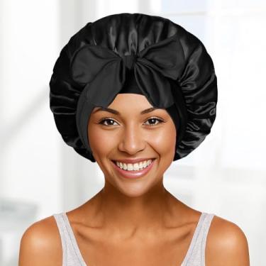 Imagem de Touca de cetim de seda para mulheres dormindo, touca para dormir à noite, cachecol para cabelos cacheados com faixa de gravata (preto)