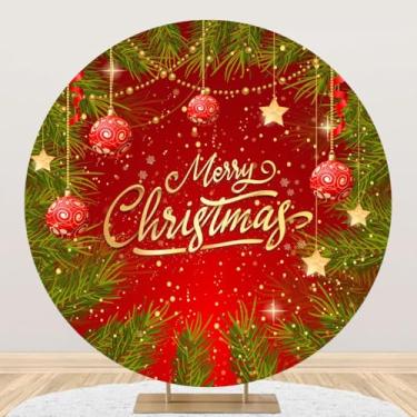Imagem de DORCEV Capa redonda de 2,2 x 2,2 m, Feliz Natal, agulhas de pinheiro verde, bolas vermelhas de Natal, pano de fundo circular para fotografia, feliz ano novo, festa, Natal, Natal, Natal, festival, chá