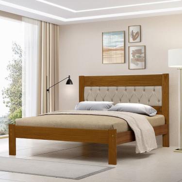 Imagem de Cama de Casal de Madeira Castanho Viena com Cabeceira Estofada Veludo Bege