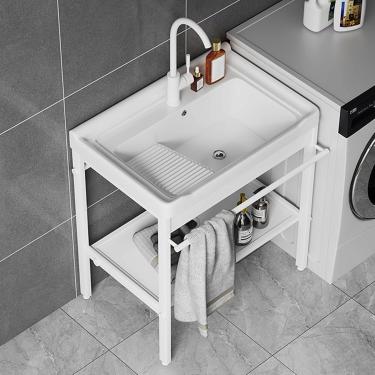 Imagem de Pia De Banheiro Autônoma Com Pernas De Metal Em Aço Inoxidável, Suporte Preto, Prateleira De Armazenamento, Pias Com Escorredor, Cano De água, Válvula De ângulo, Ad, One Color, 71 * 48