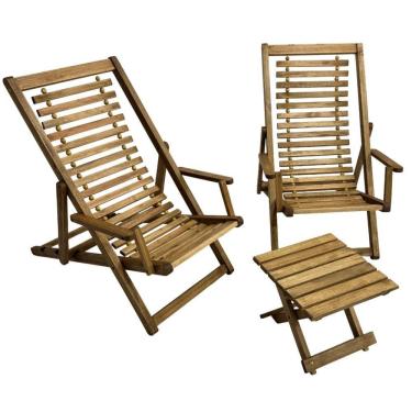 Imagem de Kit 2 Espreguiçadeiras De Madeira Com Mesinha/banquinho Multiuso Madeiral