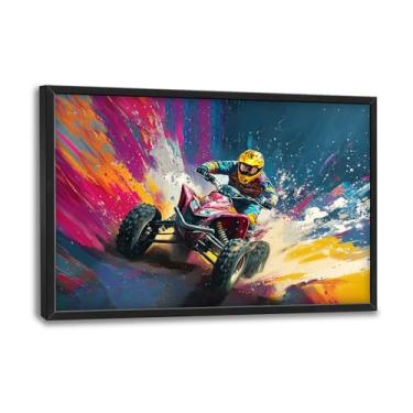 Imagem de Flintis Arte de parede emoldurada de carro de corrida de kart grande decoração de parede abstrata colorida pintura em tela de carro de corrida decoração de obras de arte emolduradas para sala de estar
