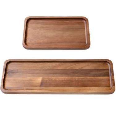 Imagem de Conjunto de 2 bandejas de madeira de acácia, travessas retangulares para frutas, sobremesas, cupcakes, bandejas de madeira