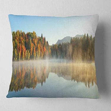 Imagem de Designart Lake Autumn Foliage Fog Panorama Modern Seascape Throw Living Room, Sofá, Almofada de Alta Qualidade + Capa de Almofada Impressa em ambos os lados 66 cm x 66 cm
