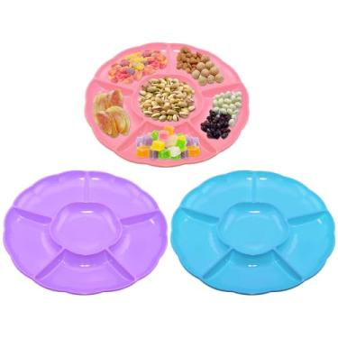 Imagem de CAOXIAOXUYAO Bandejas redondas de plástico de 30,5 cm com 3 unidades, 6 pratos secionais para servir pratos de alimentos para doces, nozes, vegetais, frutas, ação de graças (3, rosa, roxo, azul)