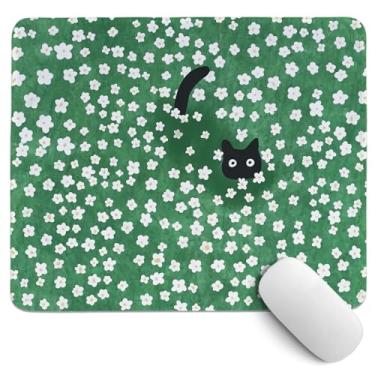 Imagem de PaJiaNi Mouse pad fofo de gato preto, tapete de mouse floral verde e branco, tapete de mesa feminino para decoração de mesa de escritório, dormitório, presente para amantes de gatos, 29 x 24 cm