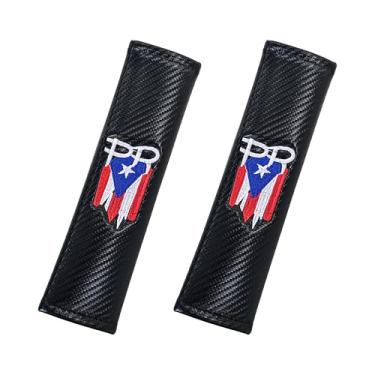 Imagem de Xalvoria Pacote com 2 capas de cinto de segurança de fibra de carbono da bandeira de Porto Rico com letras de relações públicas, design bordado – Almofadas de cinto de segurança elegantes e