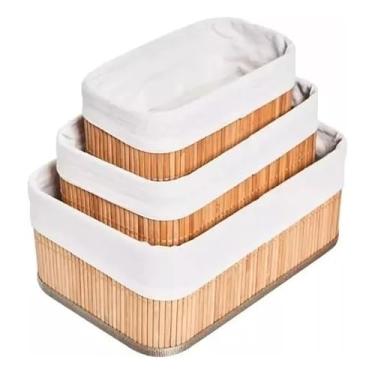 Imagem de Kit Jogo 3 Cestos Organizadores De Bambu Multiuso Com Forro Cor Marrom