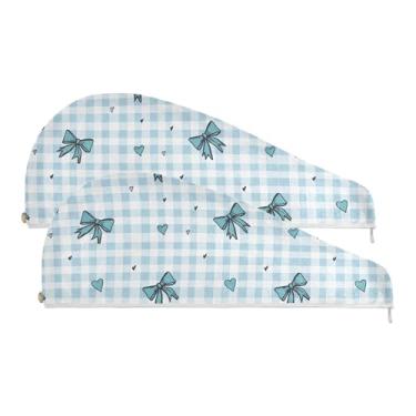 Imagem de SEHANY Linda toalha de cabelo de microfibra com laço azul para mulheres, 2 peças, turbantes de cabelo de secagem rápida com botão, touca de cabelo seco absorvente toalha de secagem de cabelo para